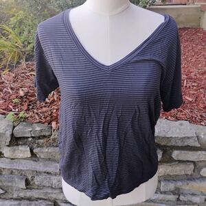 Heavenly By Victoria's Secret Black Striped V-Neck Short Sleeve Top